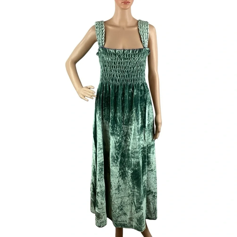 Free People Camille Midi Dress Velvet Smocked Boho Sapphire Size M